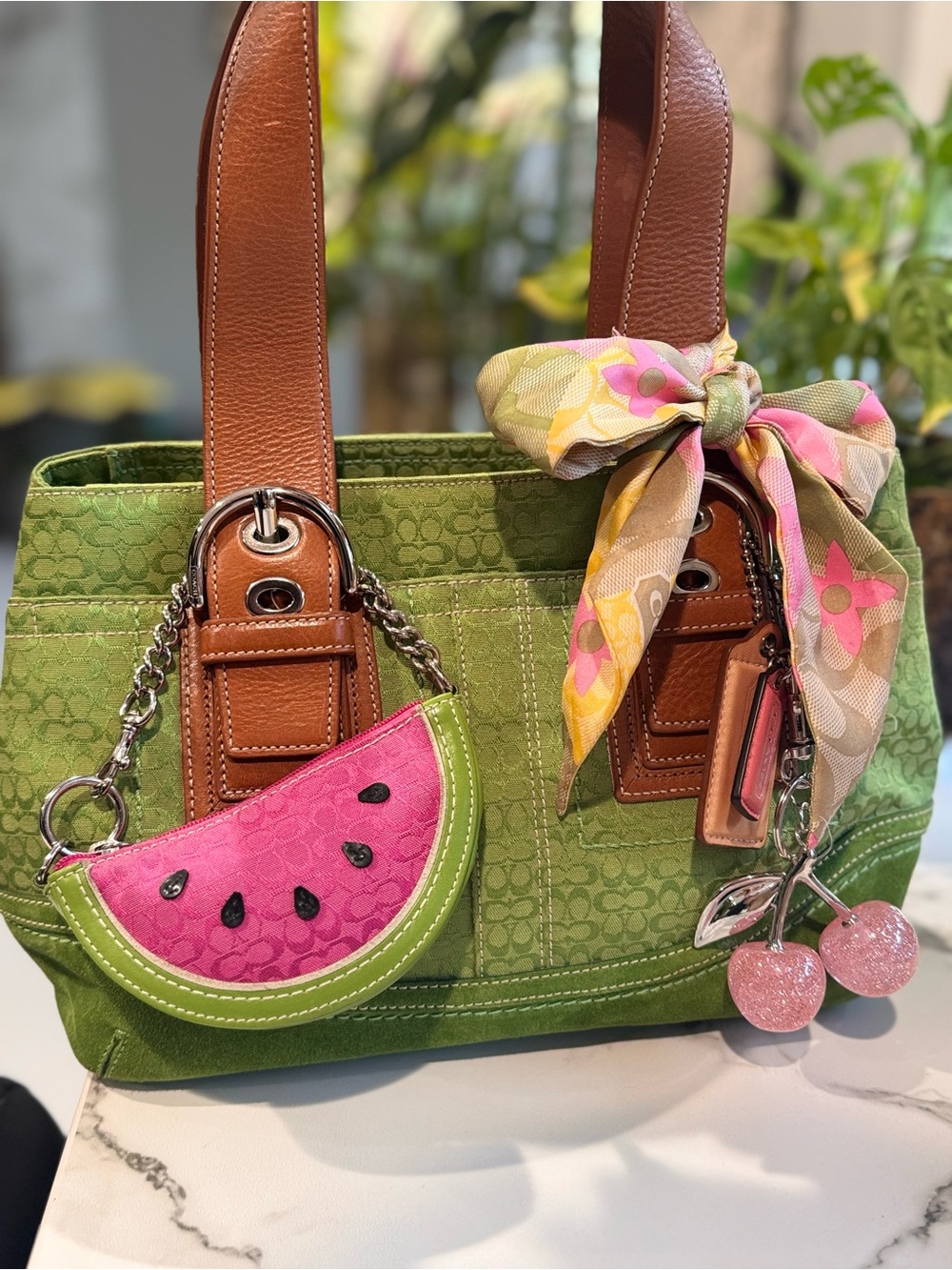 Coach Signature & Suede Green Satchel + 🍉 Coach Watermelon Coin Purse + 💯 Scarf